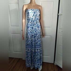 Royal Strapless Maxi Blue Floral Print Dress Small